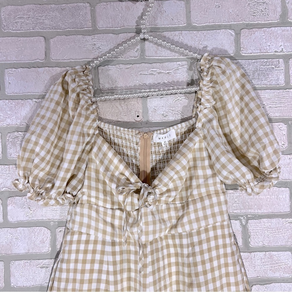Mable Amaya Gingham Plaid Puff Short Sleeve Jumpsuit in Cognac Size M - Picture 4 of 10